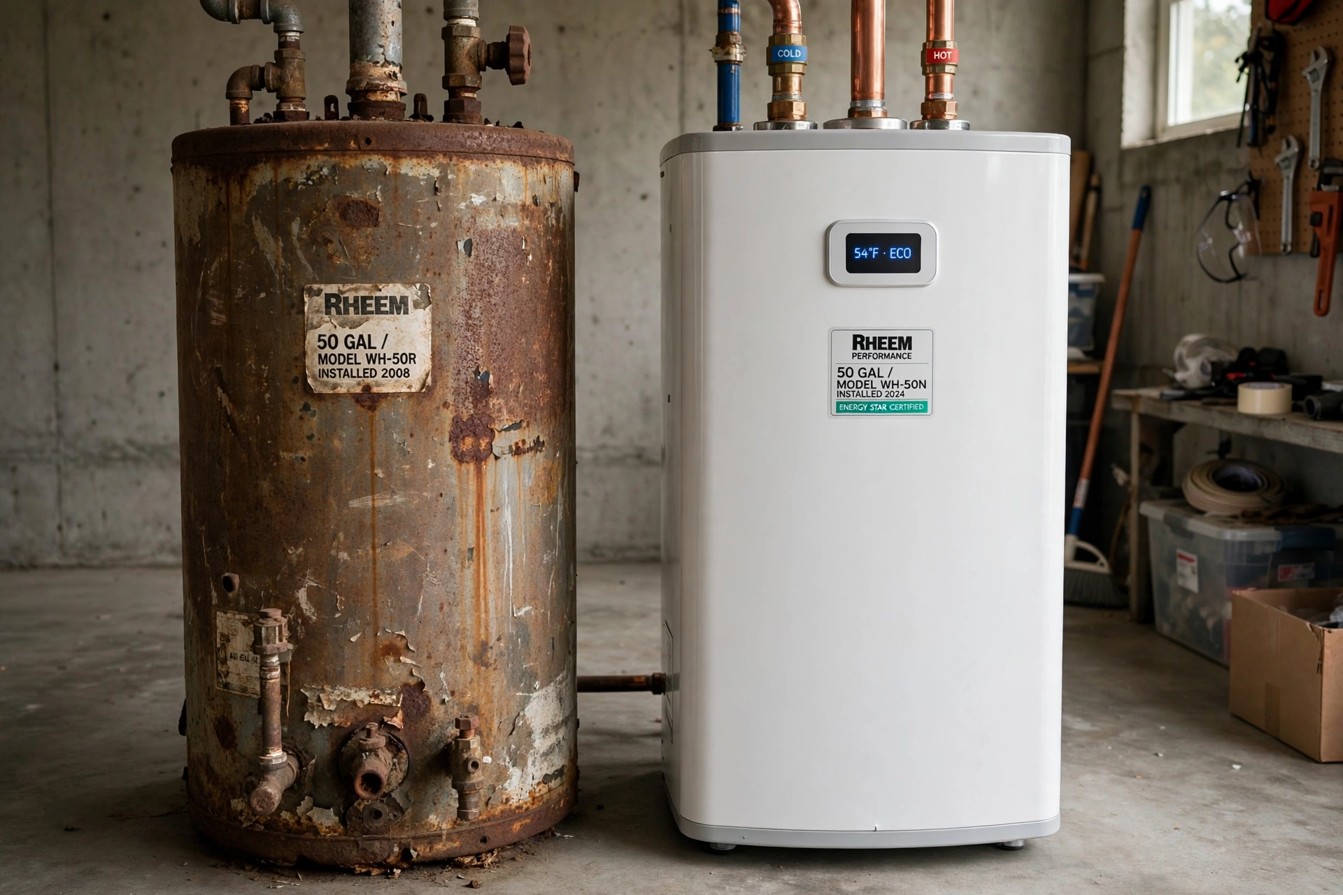 Old rusty water heater next to a clean newer unit showing lifespan difference