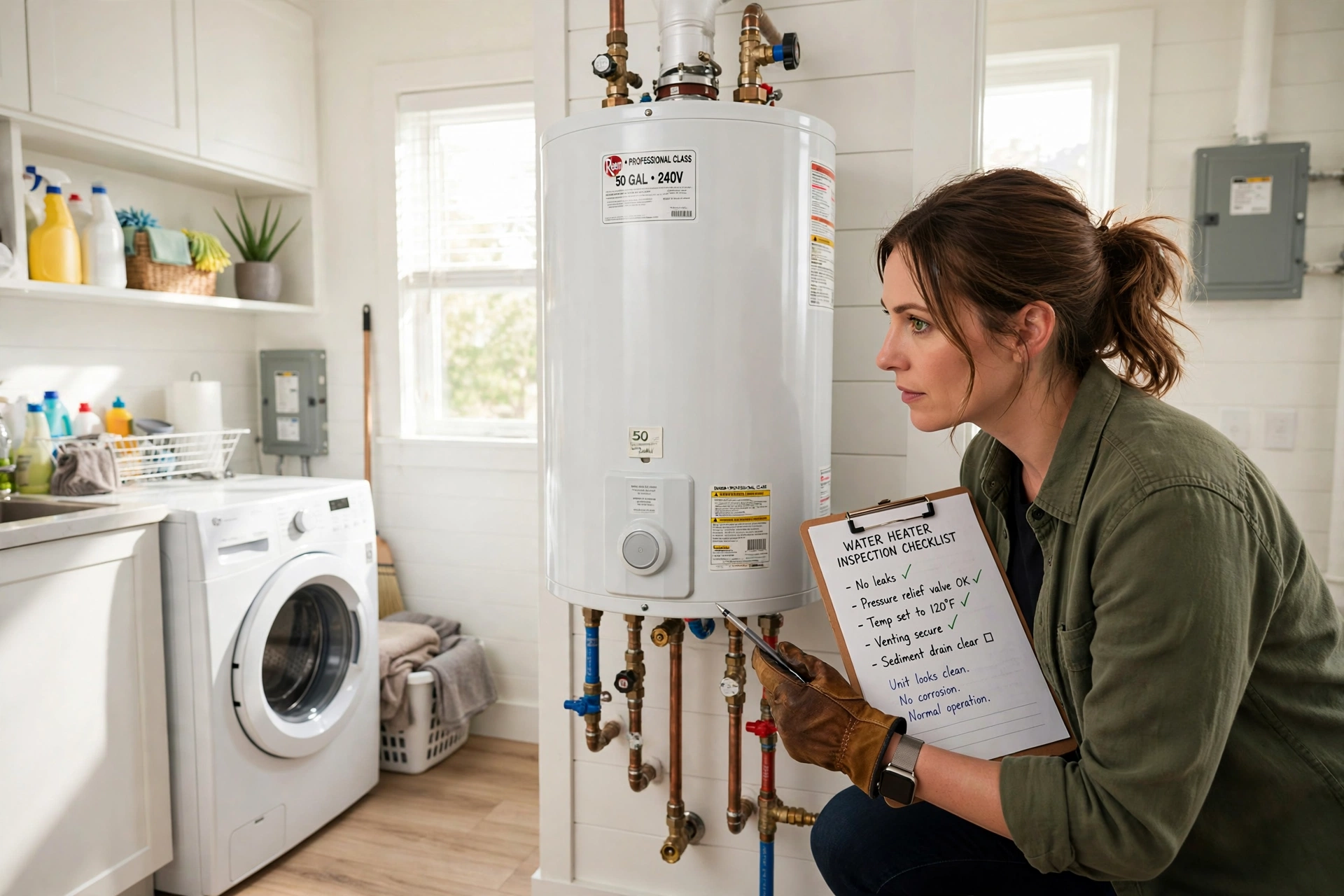 Homeowner inspecting a water heater with a checklist in a bright utility room