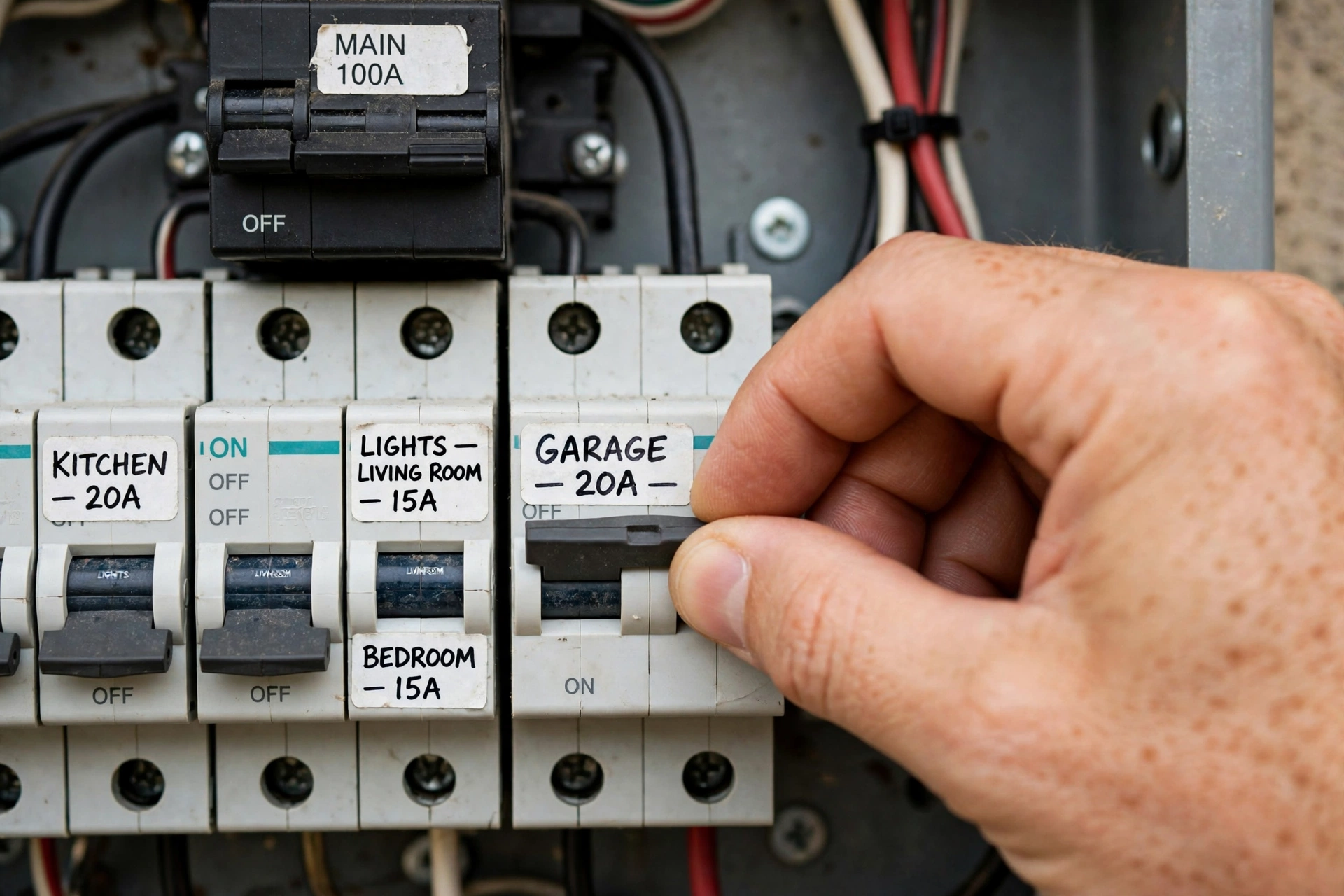 Hand flipping a circuit breaker switch in a home electrical panel