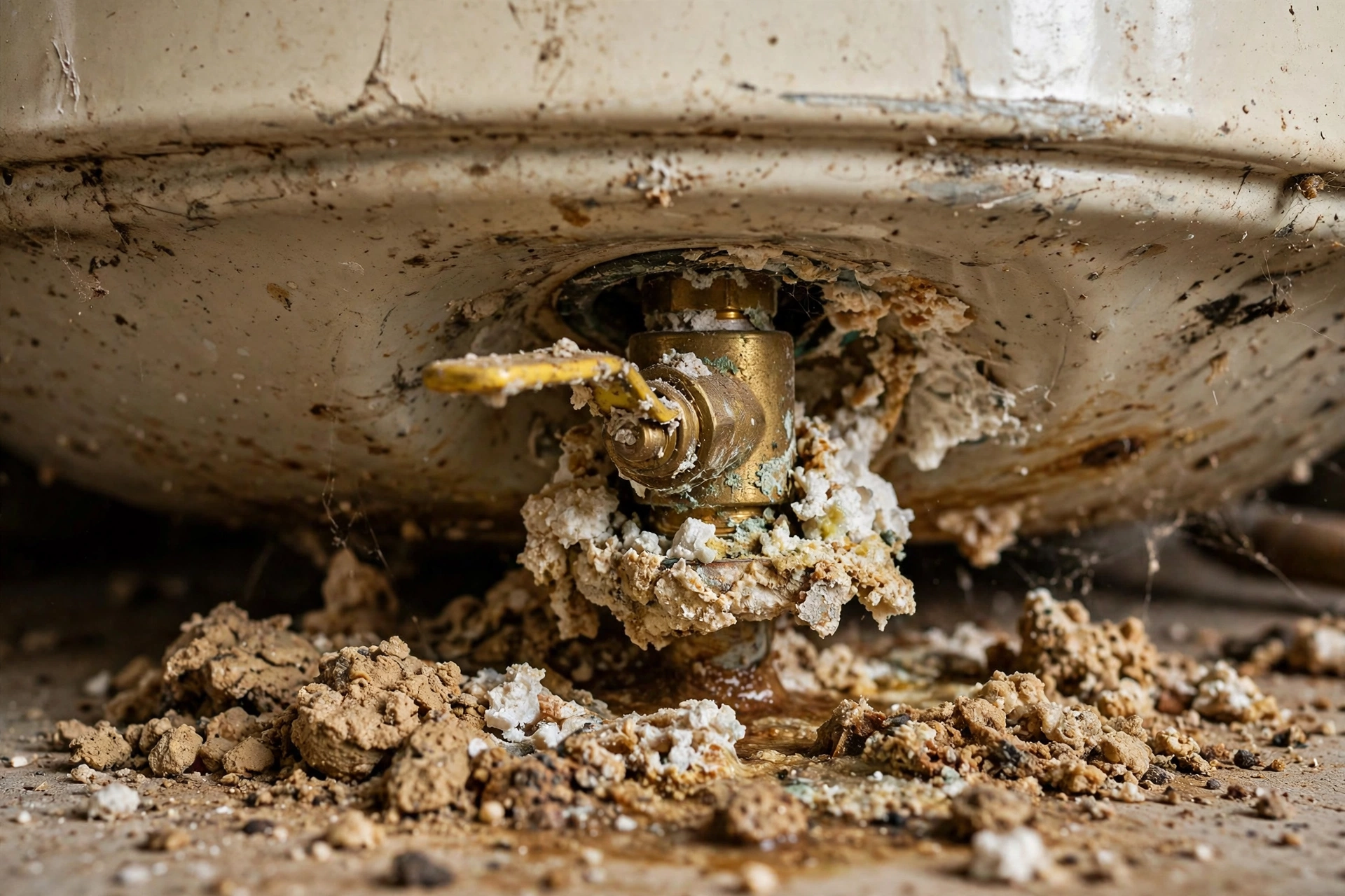 Sediment buildup and mineral deposits around a water heater drain valve