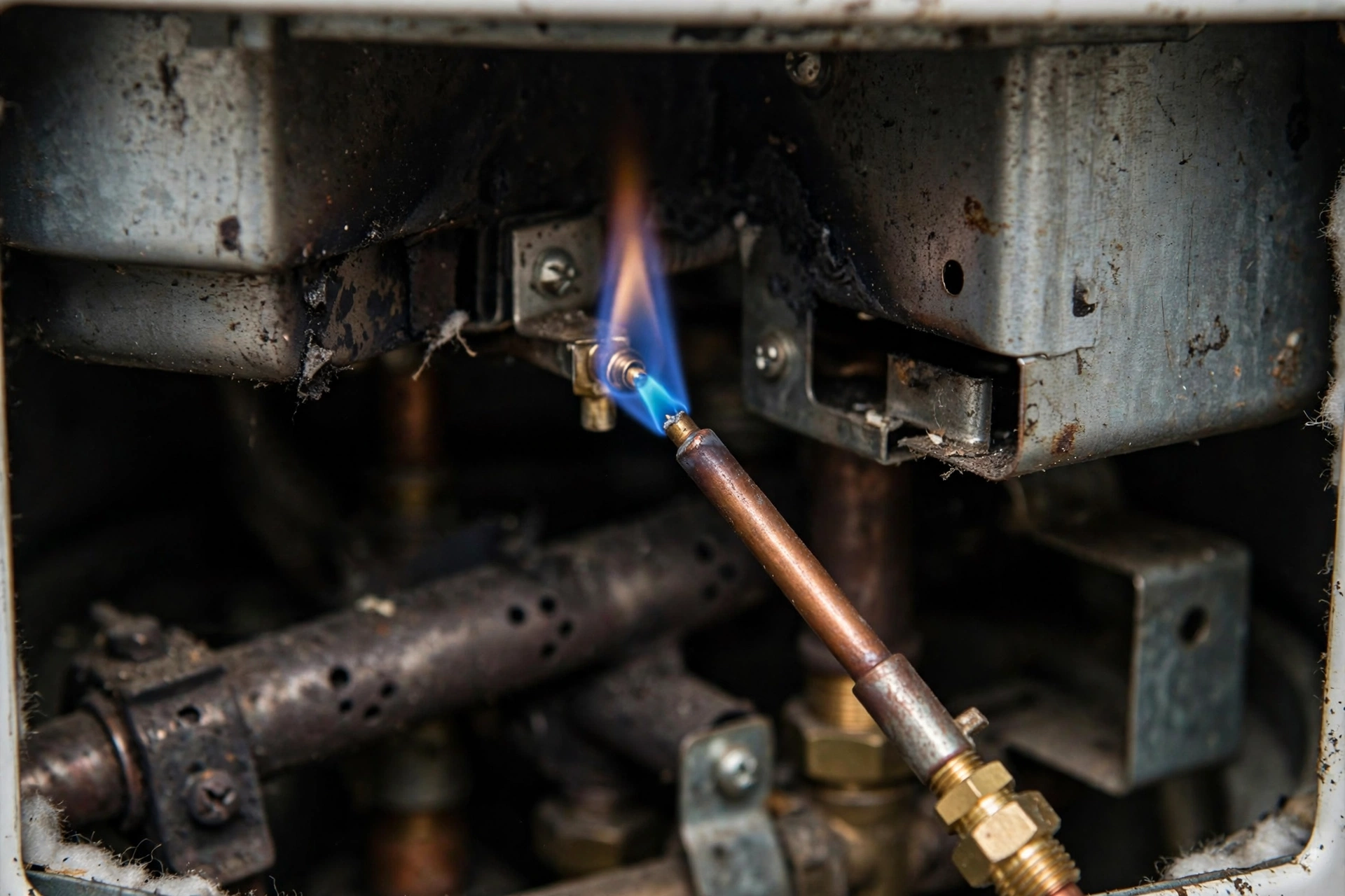 Blue pilot light flame and thermocouple inside a gas water heater burner chamber
