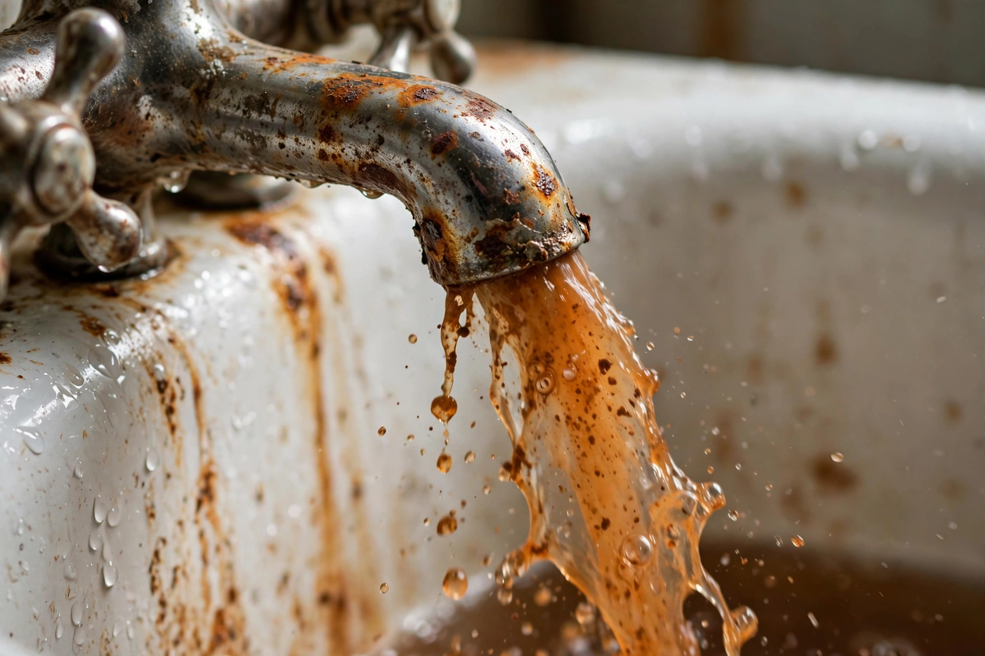 Rusty discolored water flowing from a bathtub faucet
