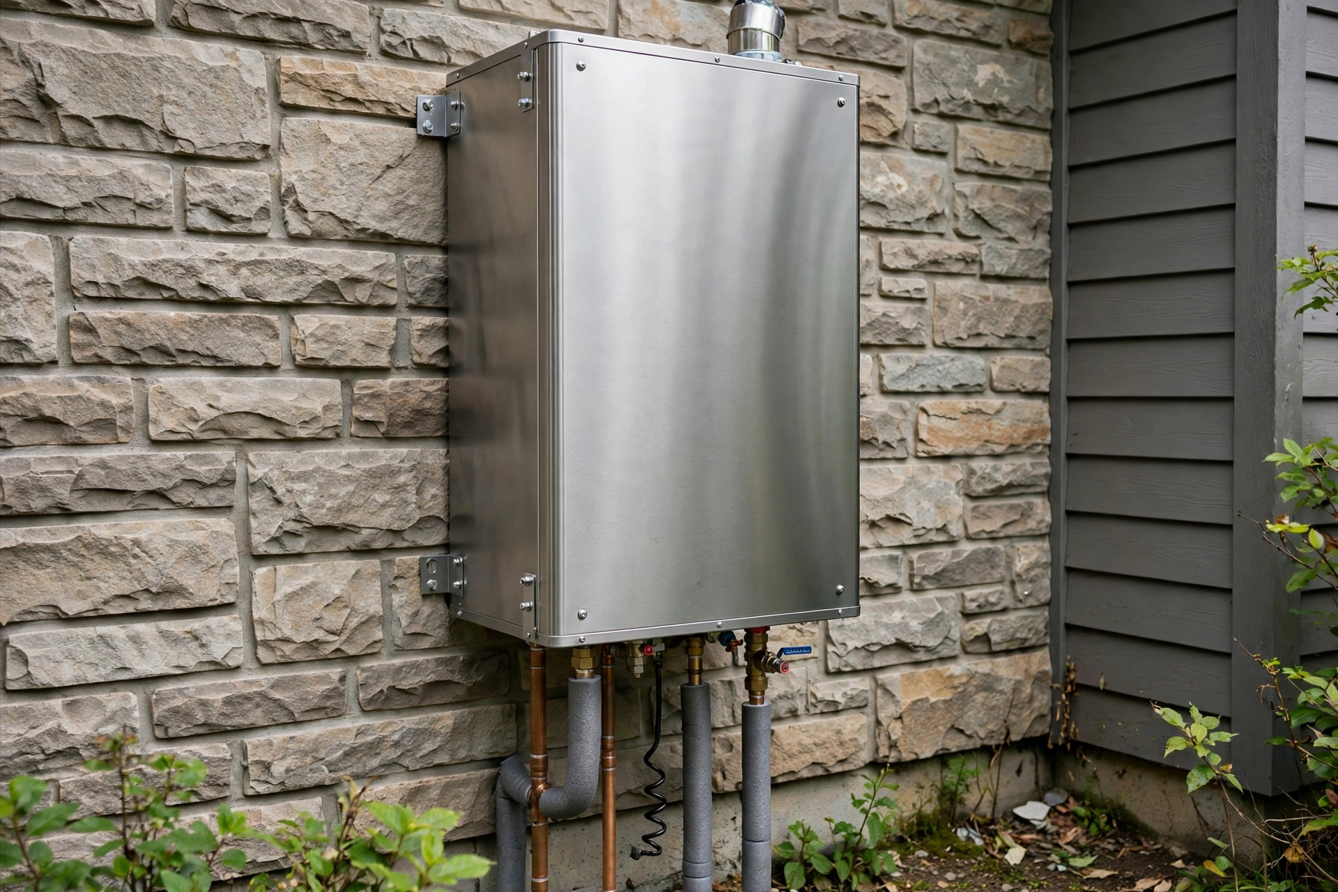Noritz stainless steel tankless water heater on an exterior wall