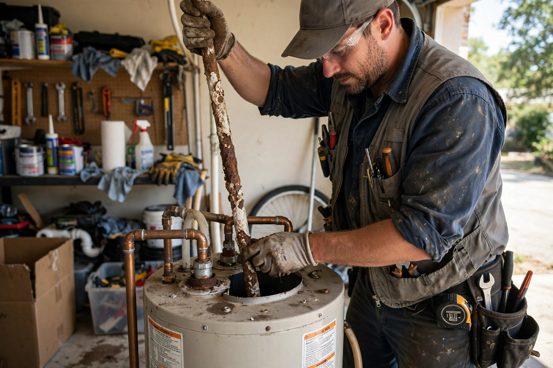 Technician pulling a corroded sacrificial anode rod from the top of a water heater in a Lynnwood home