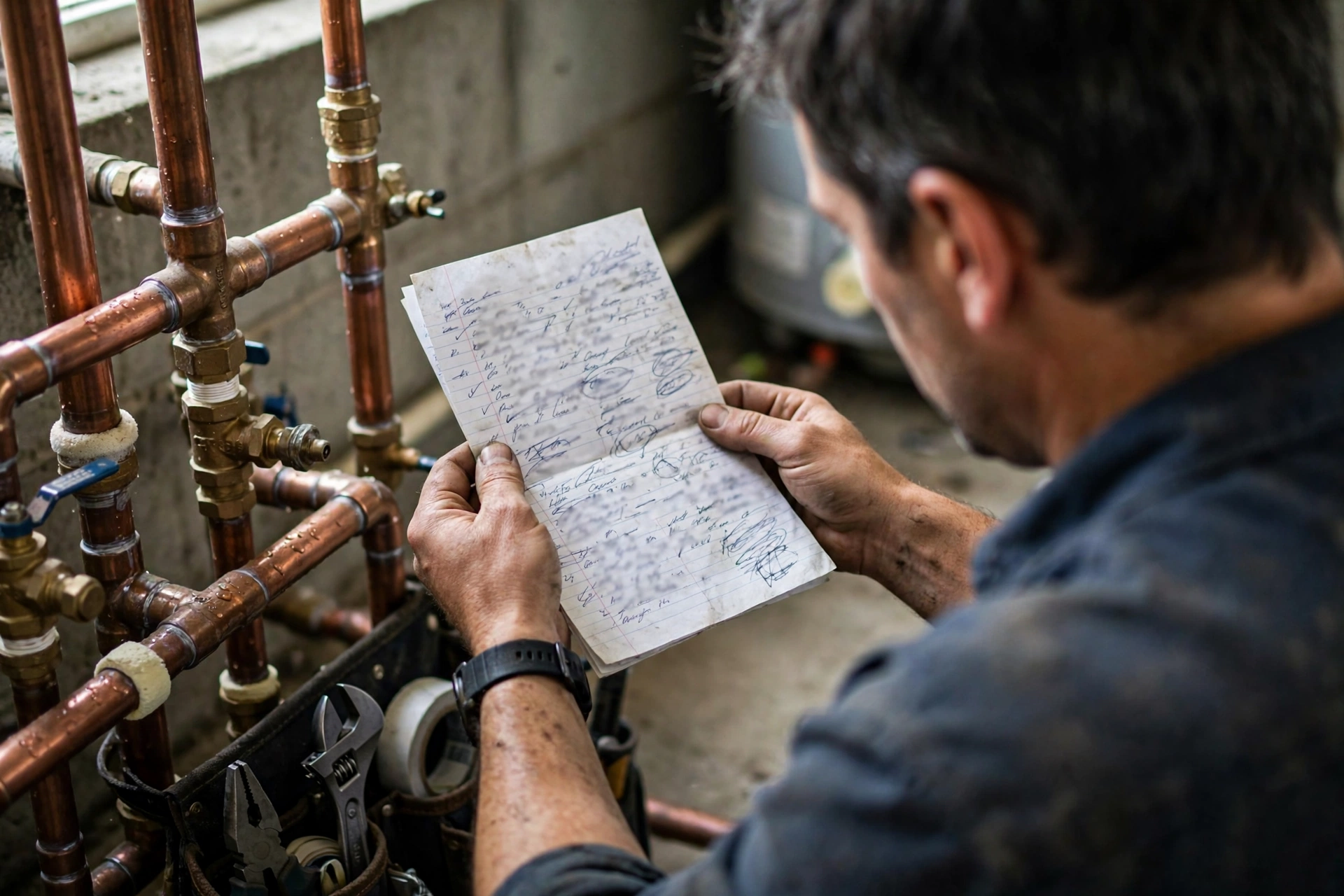 Technician explaining an upfront written repair quote to a Lynnwood homeowner next to a water heater
