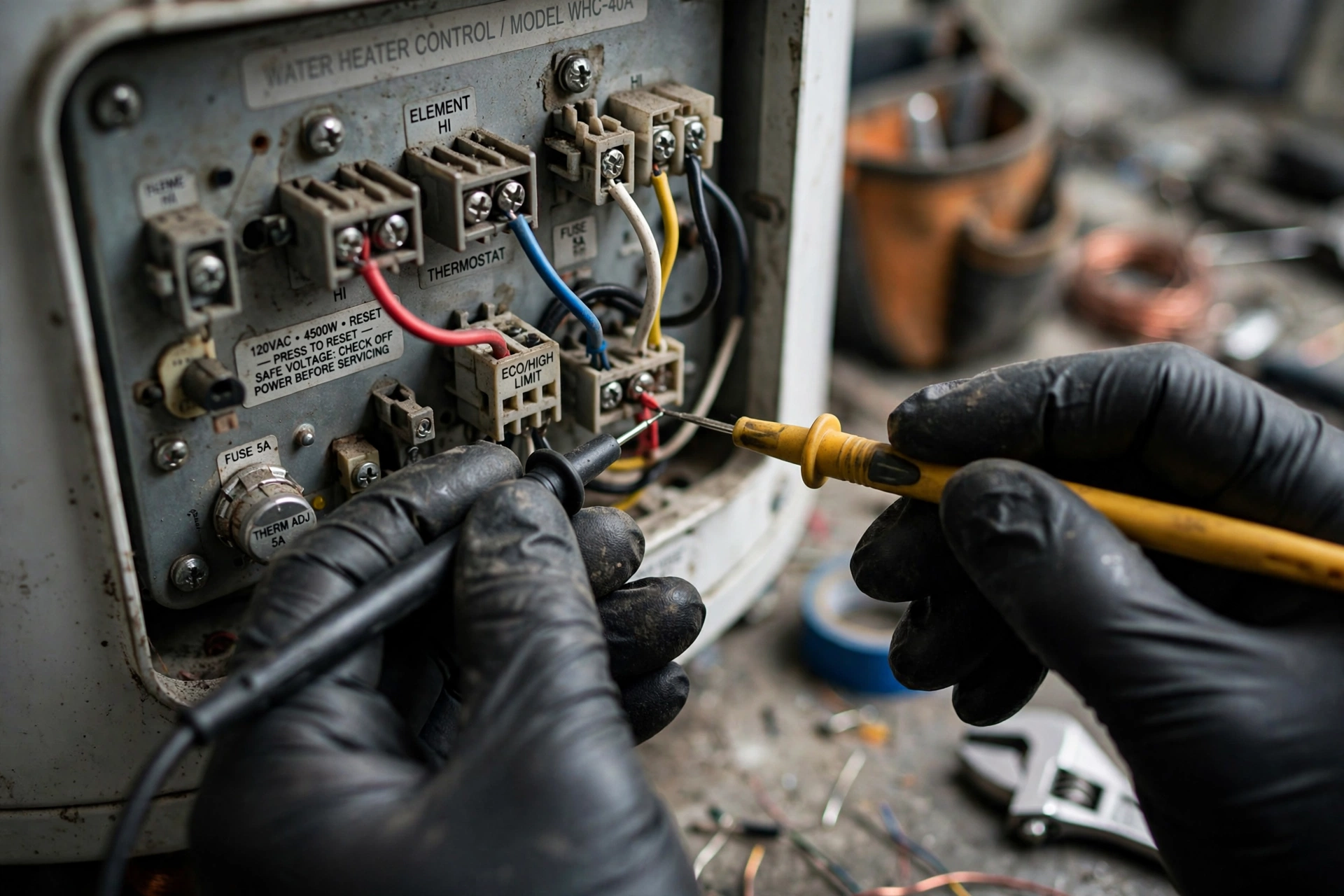 Technician diagnosing a water heater with a multimeter during a diagnostic visit in Lynnwood