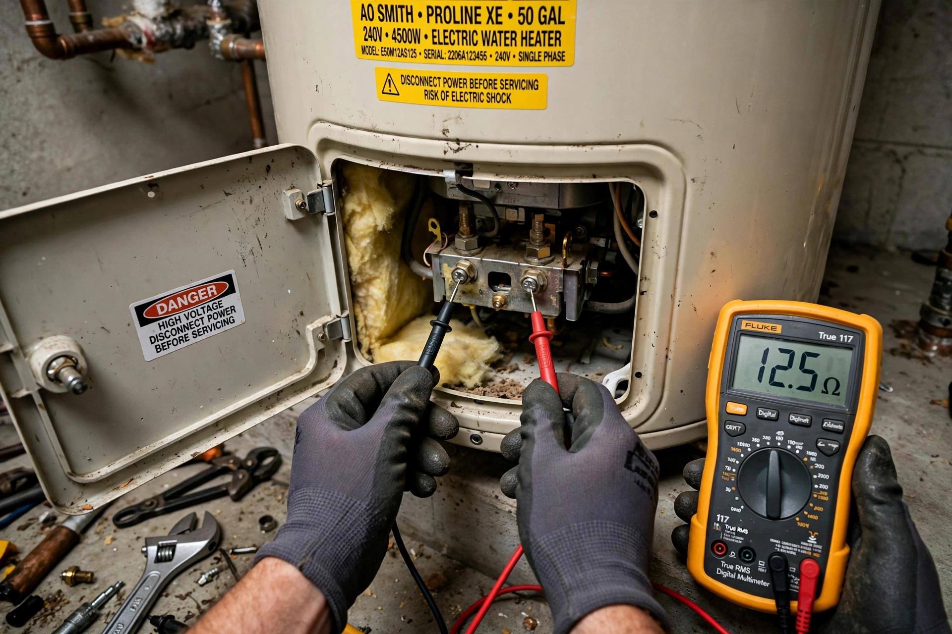 Technician testing water heater heating element