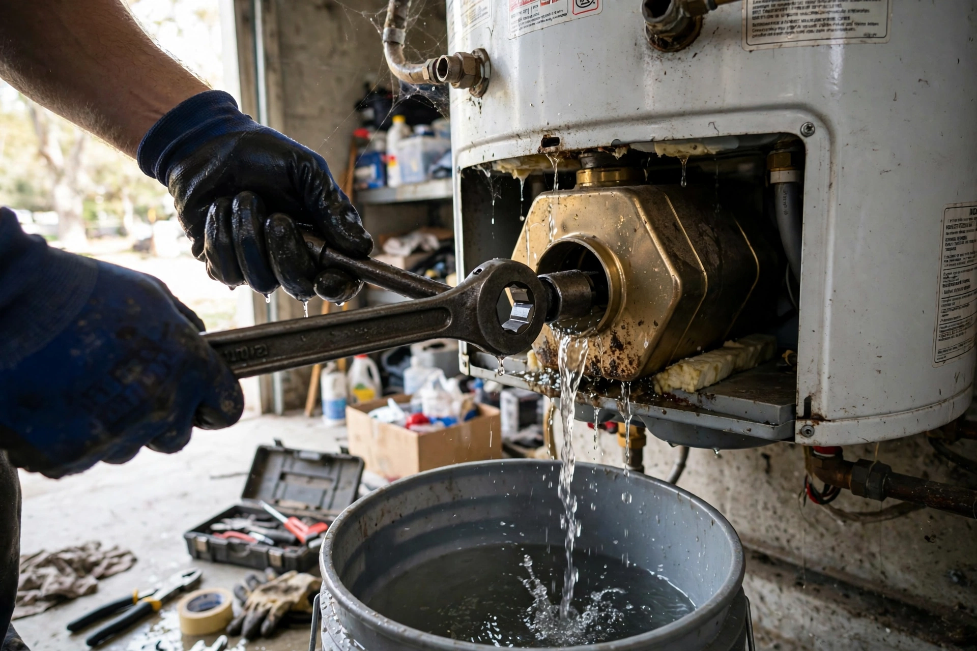 Technician removing a failed heating element from an electric water heater with an element wrench in a Lynnwood garage