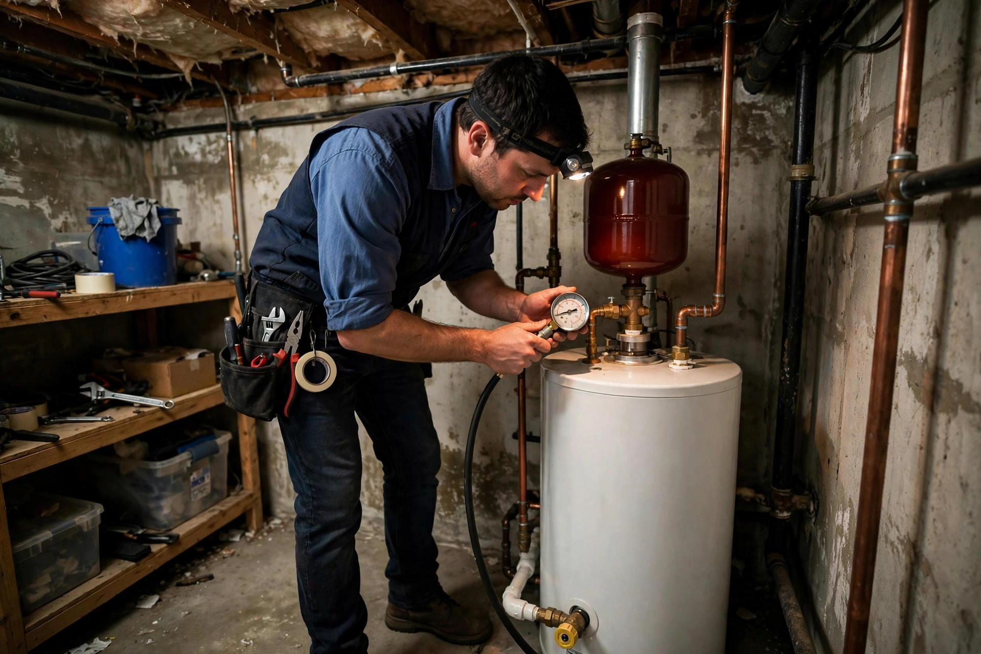 Technician checking a thermal expansion tank mounted above a water heater with a pressure gauge in Lynnwood