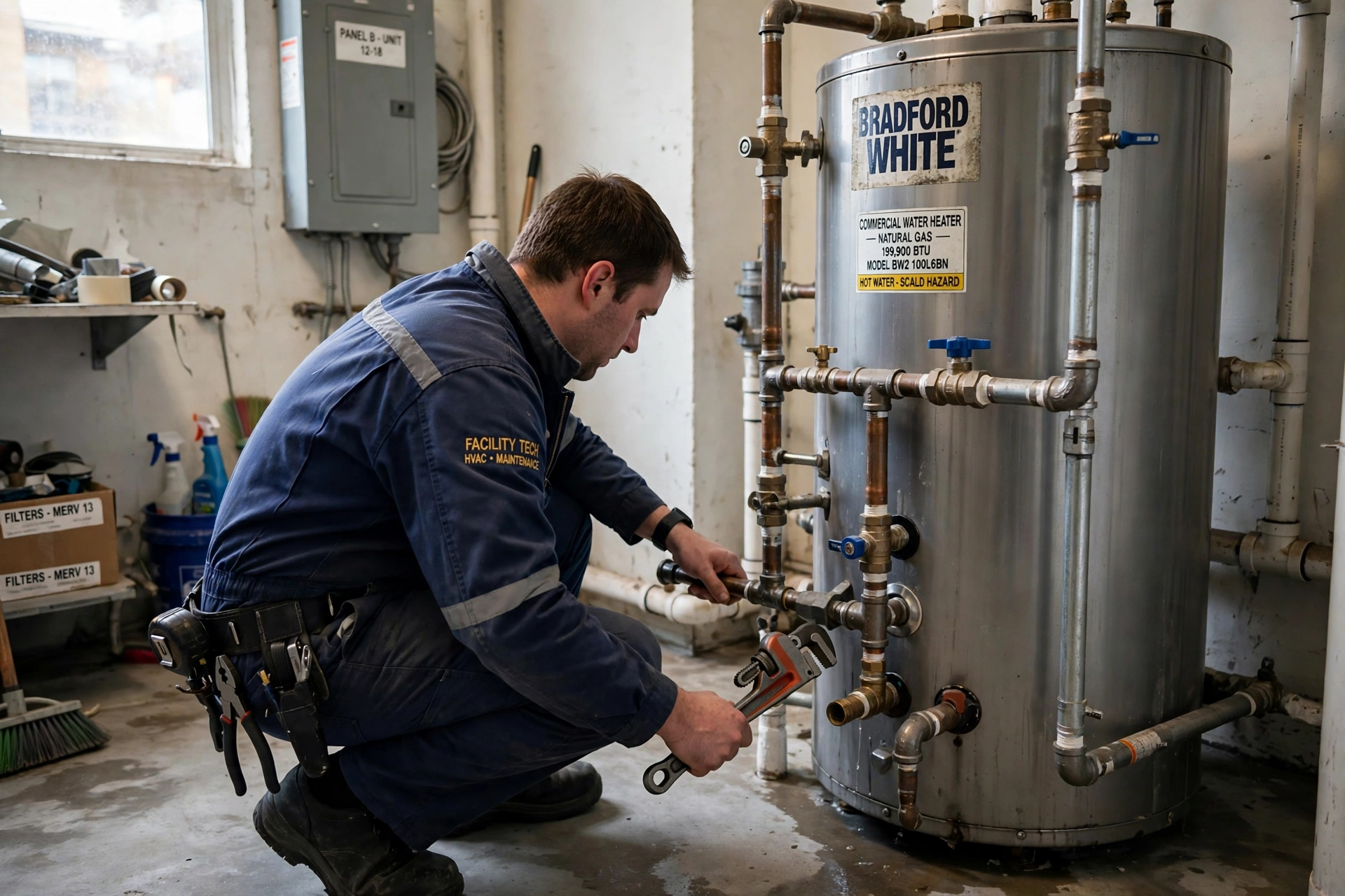 Property manager and technician reviewing a water heater repair in a Lynnwood rental unit