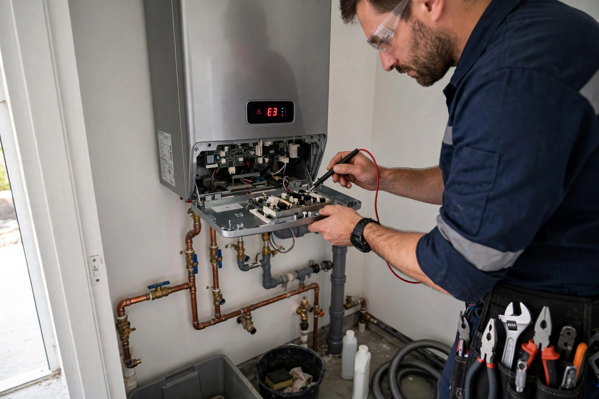 Wall-mounted tankless water heater with a digital display showing an error code as a technician diagnoses it in Lynnwood