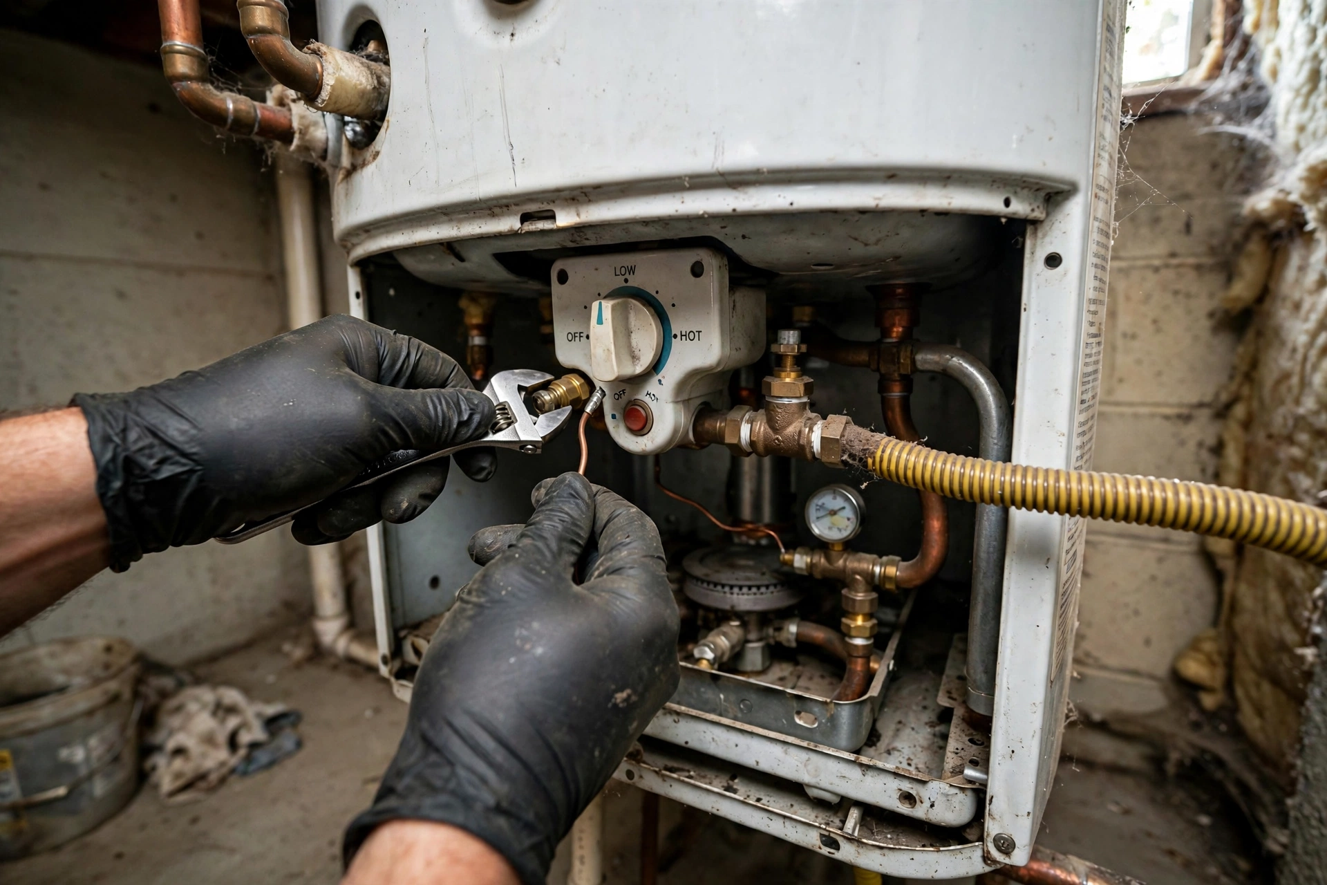 Technician's gloved hands servicing a gas water heater control valve and thermocouple assembly in Lynnwood