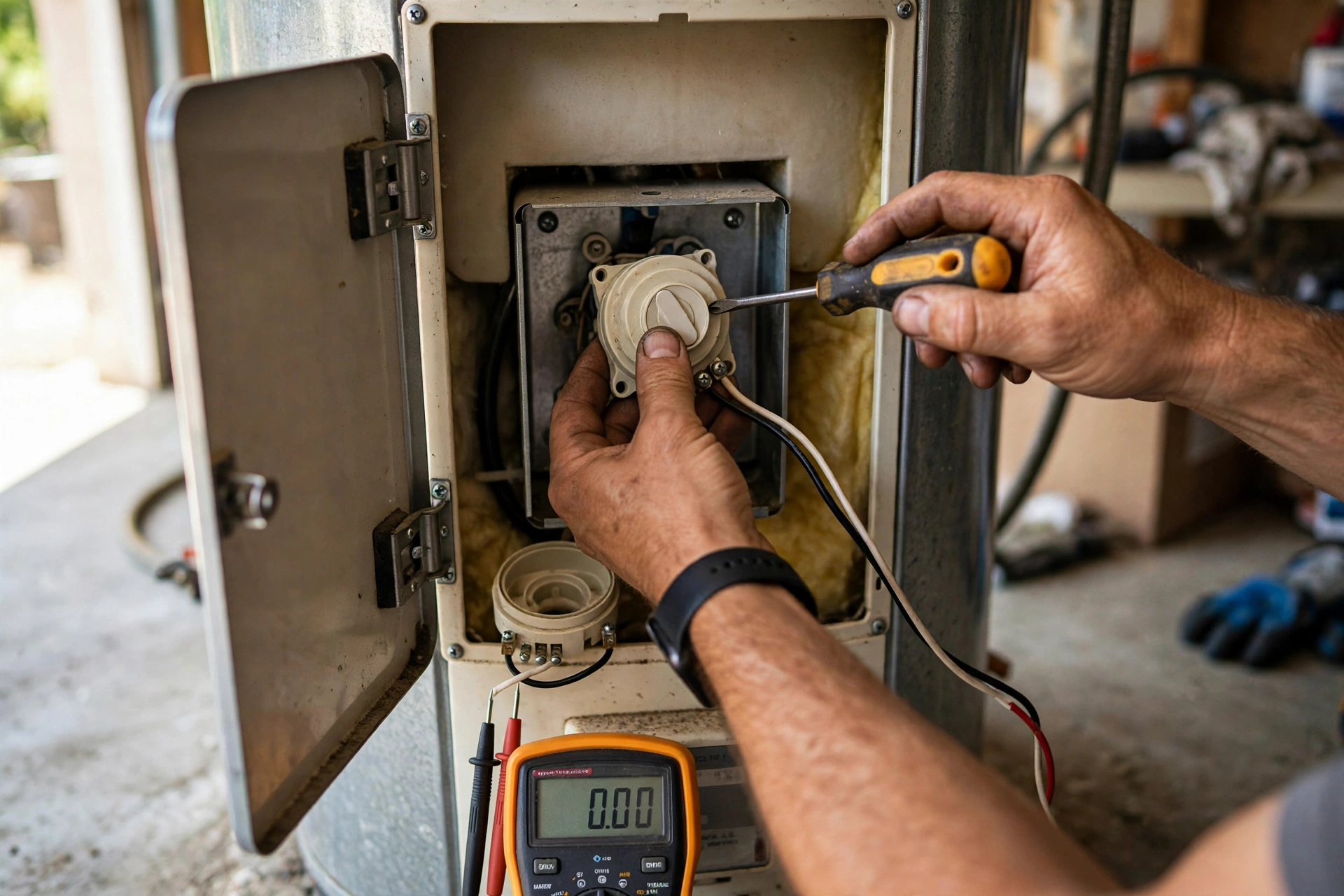 Technician's hands replacing an electric water heater thermostat behind the access panel in a Lynnwood home