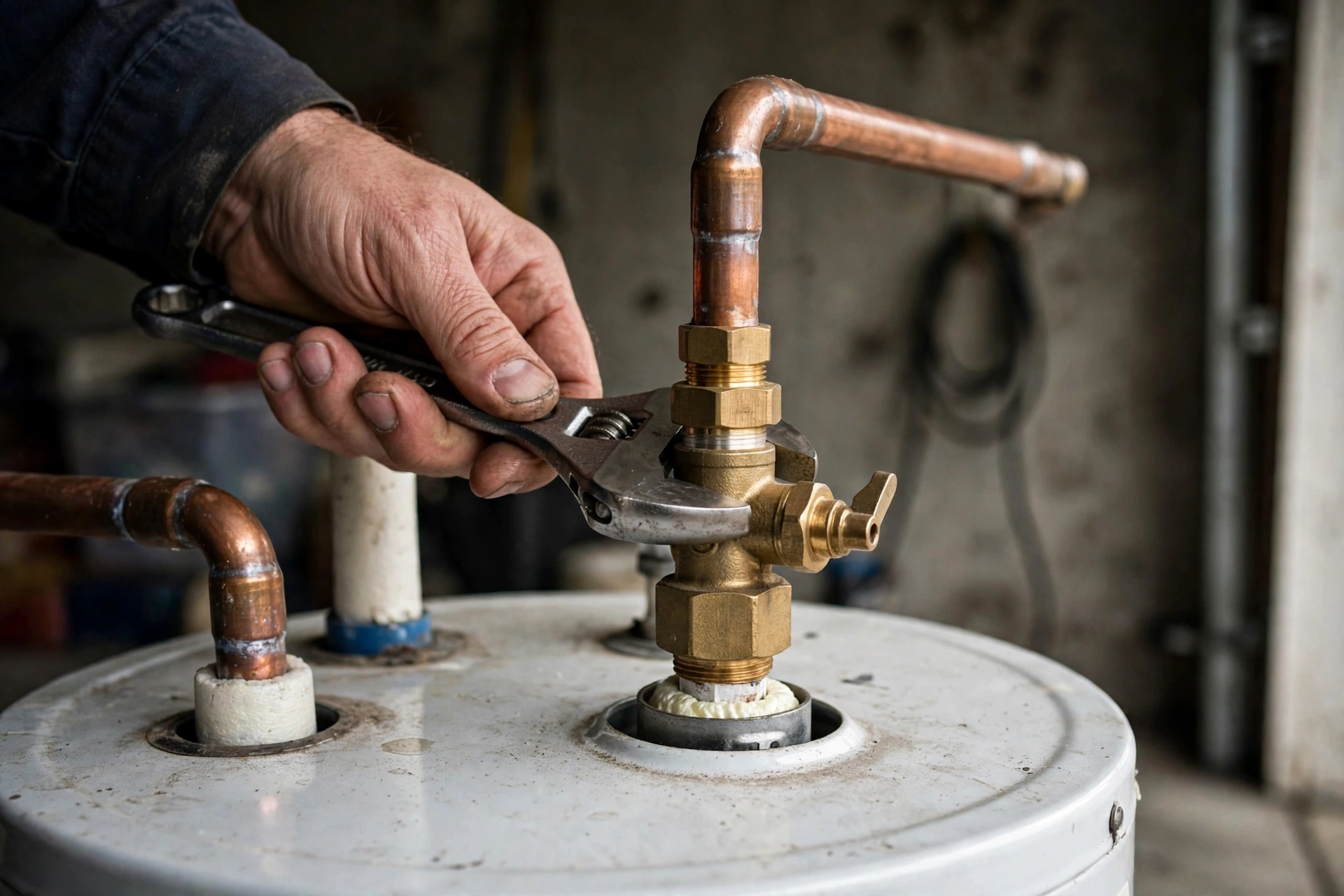Close-up of a brass TPR safety valve with discharge pipe on a water heater being serviced by a technician in Lynnwood