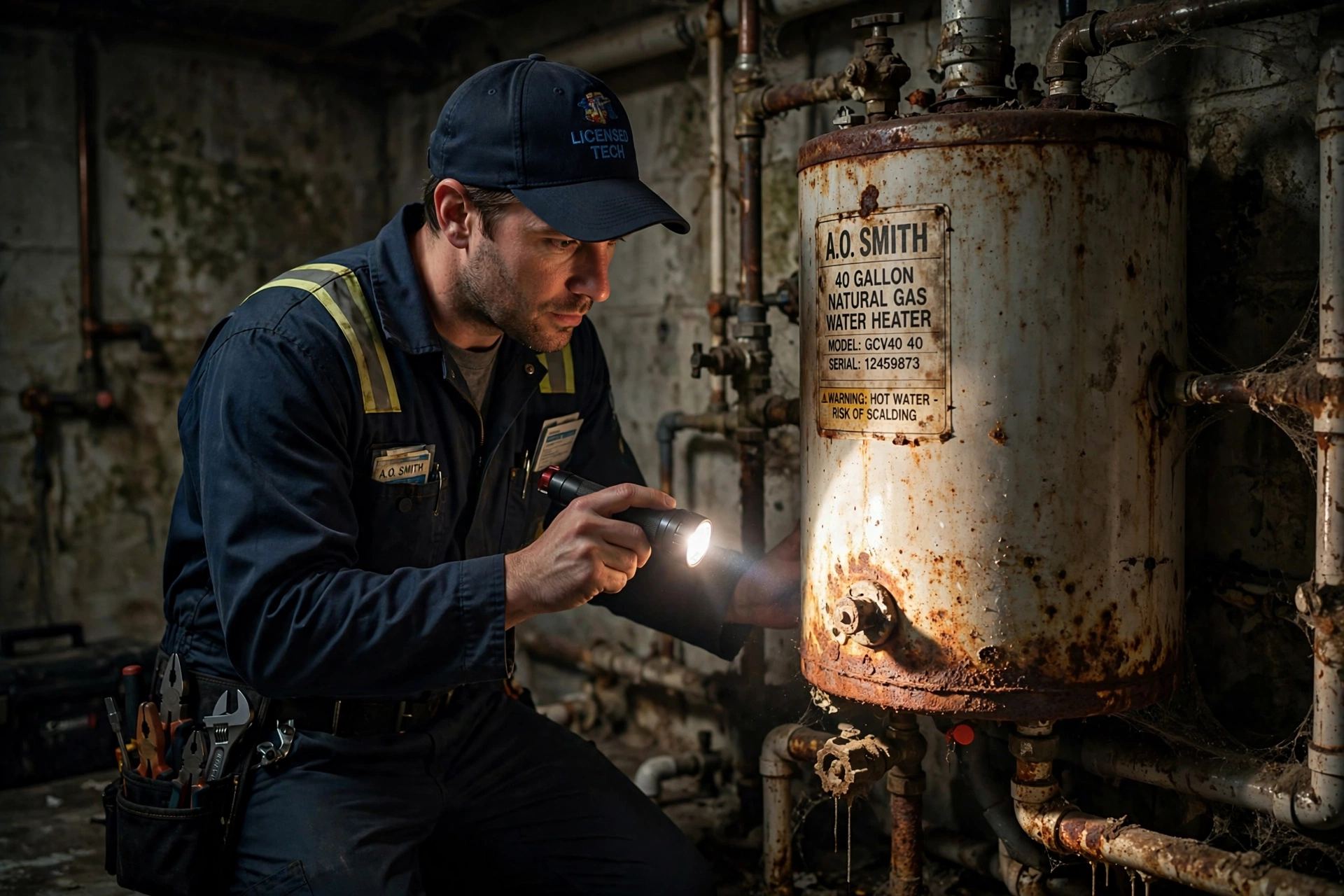 Technician inspecting an aging rusty water heater with a flashlight
